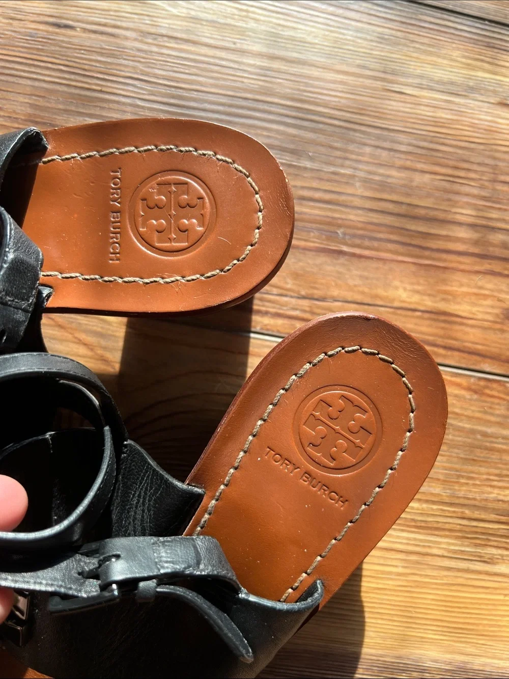 Tory Burch Lowell Black Leather Logo Buckle Block Heel Sandals Womens 8.5M Prepp